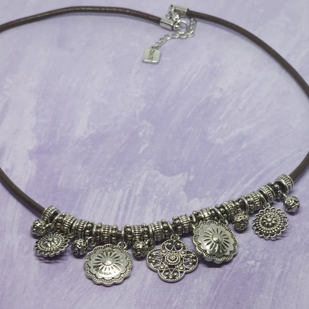 👍5 For $20 Chaps Silver Tone Charm Brown Cord Necklace